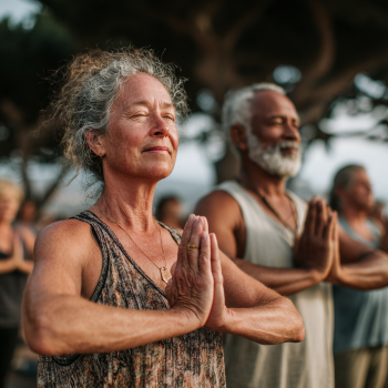 Grupo de adultos mayores practicando yoga